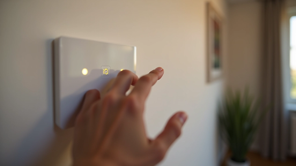Personas roka nospiedj viedo pogu uz sienas, aktivizējot mājas automatizācijas sistēmu